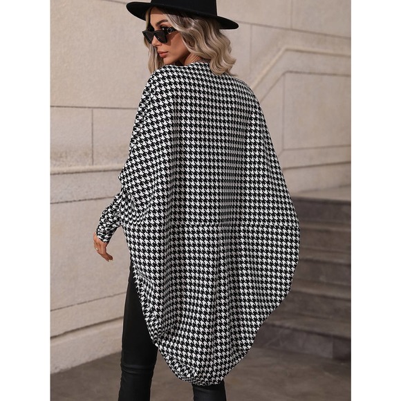 Houndstooth Batwing Sleeve Open Front Coat cardigan black white - Picture 2 of 5